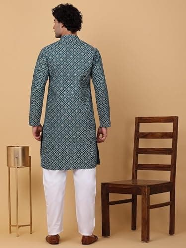 KRAFT INDIA Men Cotton Floral Gold Print Ethnic motif Green Knee Length Kurta With White Elastic Waistband Pyjama Set (Size- Small) 2
