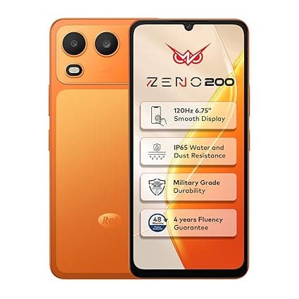Itel Zeno 200 (Comet Orange, 4 GB RAM, 128 GB Storage) | 6.75" HD+ Display | 120 Hz Refresh Rate | IP65 Dust & Water Resistance | 13 MP Camera | 5000 mAh Battery | Charger in Box