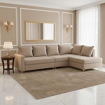 Rihanna 6 Seater Fabric RHS L Shape Sofa Set | Soft Velvet Upholstery, Sturdy Wooden Frame | Stylish Sofa for Living Room, Hall & Office Spaces (Beige)