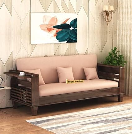 STRATA FURNITURE Sheesham Wood 3-Person Sofa Set for Living Room Office Home Wooden Sofa Cum Bed with Side Magzine Newspaper Holder (Walnut Finish)