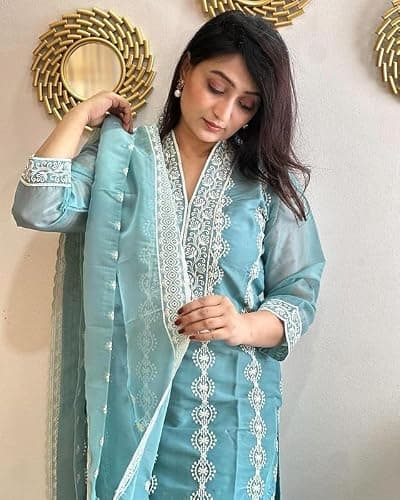 CLOSTYLE Women's Vichitra Silk Embroidery Salwar Suit Set Kurta Pant with Dupatta Sky Blue Kurta Set for Women (IN, Alpha, L, Regular, Womens, Sky Blue) 4