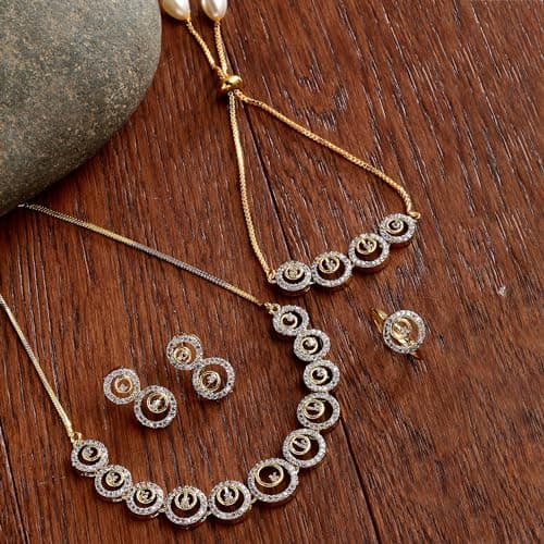 ZENEME Fashion Cubic Zirconia Gold Plated Choker Necklace Set Ring Bracelet With Earring Jewellery For Women Pack Of 4 (Gold) 2