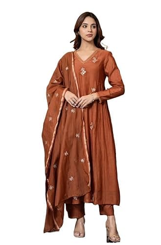 KLOSIA Women Embroidery Solid Anarkali Kurta and Pant Set with Dupatta