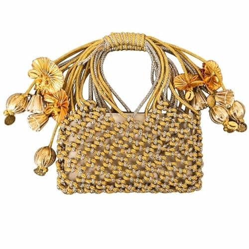 Women’s Handmade Boho Clutch Purse with Beaded Bear Emblem, Stylish Party & Wedding Handbag, Ring Handle Mobile Pouch for Essentials, Horizontal Woven Clutch for Women (Woven Cord Handbag, Large)