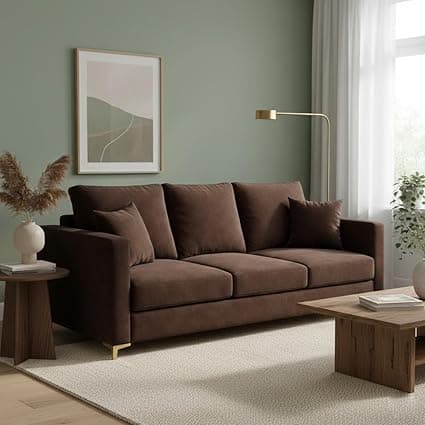 Hayes Rich Velvet Suede 3 Seater Sofa | Golden Aesthetic Legs | Spacious Soft Touch Comfort Seating | Modern Sofa for Living Room (Dark Brown)