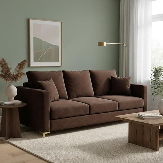 Hayes Rich Velvet Suede 3 Seater Sofa | Golden Aesthetic Legs | Spacious Soft Touch Comfort Seating | Modern Sofa for Living Room (Dark Brown)
