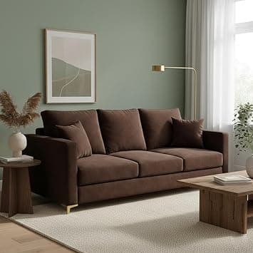 Hayes Rich Velvet Suede 3 Seater Sofa | Golden Aesthetic Legs | Spacious Soft Touch Comfort Seating | Modern Sofa for Living Room (Dark Brown)