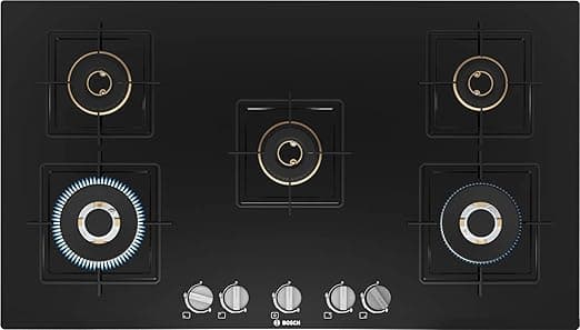 Bosch Built in Gas Hob Black Tempered glass Glass 5 Burner Auto Ignition 90 cm True Brass 2D Ring Burners with Glossy Black Heat Shields & Enameld pan supports (PNV9B6F10I)