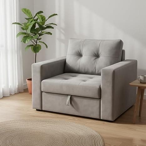 FURNY Tressa 1 Seater Fabric Pull-Out Sofa Cum Bed (Light Grey) | Premium Velvet Finish | Durable Comfort | Ideal for Living Room