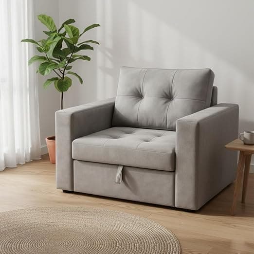FURNY Tressa 1 Seater Fabric Pull-Out Sofa Cum Bed (Light Grey) | Premium Velvet Finish | Durable Comfort | Ideal for Living Room