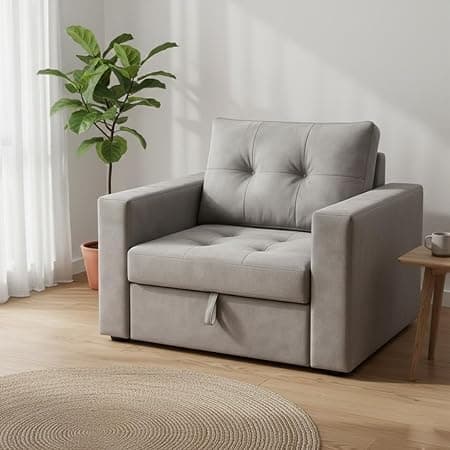 FURNY Tressa 1 Seater Fabric Pull-Out Sofa Cum Bed (Light Grey) | Premium Velvet Finish | Durable Comfort | Ideal for Living Room