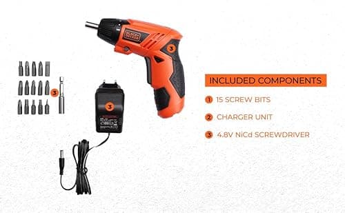BLACK+DECKER KC4815 4.8V 200 RPM Cordless Screwdriver Set Ni-Cd (Nickel-Cadmium) with LED Worklight, 15-pieces Screw Bits Set & Adjustable Torque for Home & DIY Use, 1 Year Warranty, ORANGE & BLACK 4