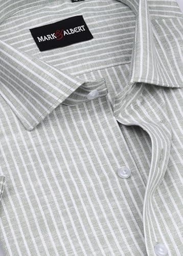 MARK & ALBERT Men's Half Sleeve Cotton Linen Striped Shirt Green 4