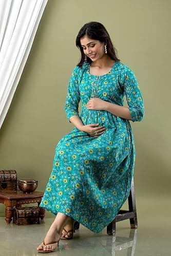 MAHALA FASHION Women's Cotton Printed Maternity Kurti for Feeding Zippers Pregnancy Wear Nursing Dress (Sky Blue, Small) 2