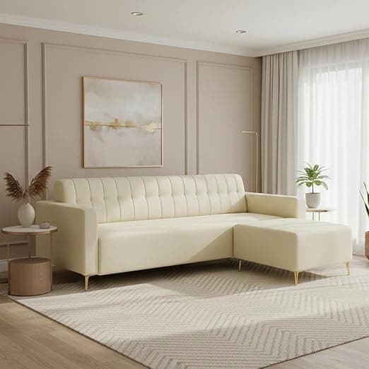 SOCOZI Anton 3 Seater Modular L Shape Sofa Set with Ottoman |Premium Leatherette Fabric with Golden Metal Legs | Modern Design | Plush Comfort Cushions for Living Room (Cream Leatherette)