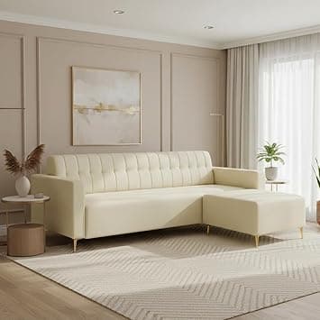 SOCOZI Anton 3 Seater Modular L Shape Sofa Set with Ottoman |Premium Leatherette Fabric with Golden Metal Legs | Modern Design | Plush Comfort Cushions for Living Room (Cream Leatherette)