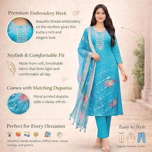 Delhi Fashion Sarees | Elegant Blue Embroidered Kurta Set for Women | Straight Kurti with Floral Dupatta | Ethnic Wear for Festive, Casual & Party 3