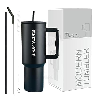 Stainless Steel Insulated Tumbler with Lid & Straw, 100% Leakproof Double Wall Tumblers with Handle, Hot & Cold Drink Sipper for Office,Gym & Outdoors 1200ml Tumbler (Black Personalized)