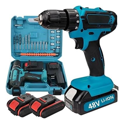 48v Cordless Drill and Screwdriver Kit, 18+1 Torque Settings, Dual Speed, LED Light, with 2 Batteries, Carry Case, Drill Bits and Sockets