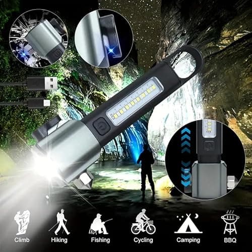 FLYNGO 3 in 1 Multifunction LED Torch Light Rechargeable, Rescue Emergency Flashlight with Car Seat Belt Cutter & Glass Breaker, Bright Zoomable Torch Light for Trekking, Camping (Black) 6