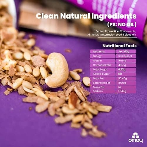 Omay Foods Nutty Mix, 400g Pouch | Brown Rice Chivda with Cashews, Almonds and Watermelon Seeds | Chatpata Trail Mix | Oil Free Roasted Snack | Healthy Namkeen | Weight Loss Snack 5