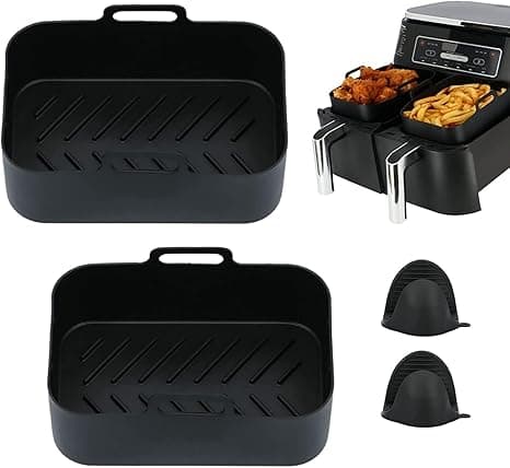 2PCS Air Fryer Silicone Pot Basket For Ninja Dual Air Fryer + 2PCS Heat Protective Gloves | Air fryers Dual Basket | Silicone Air Fryer Liner For Air Fryer, Microwave And Oven | Black