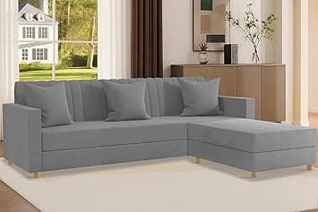 Rosebell 3 + 1 Wooden 4 Seater L Shape Convertible Sofa Set for Living Room Furniture Set, Modular Sectional Couch for Small Space, Velvet Fabric - Grey Color