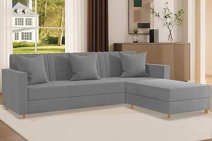 Rosebell 3 + 1 Wooden 4 Seater L Shape Convertible Sofa Set for Living Room Furniture Set, Modular Sectional Couch for Small Space, Velvet Fabric - Grey Color