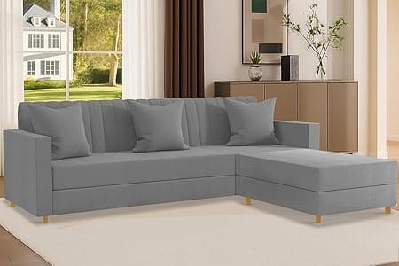 Rosebell 3 + 1 Wooden 4 Seater L Shape Convertible Sofa Set for Living Room Furniture Set, Modular Sectional Couch for Small Space, Velvet Fabric - Grey Color