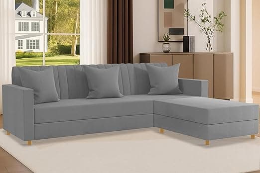 Rosebell 3 + 1 Wooden 4 Seater L Shape Convertible Sofa Set for Living Room Furniture Set, Modular Sectional Couch for Small Space, Velvet Fabric - Grey Color