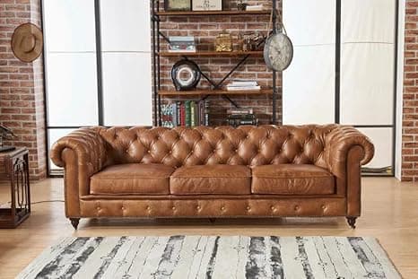 Classic Leatherette Chester Sofa Set Button Tufted, Classic Style Sofa Set 3-Person Sofa for Living Room, Office, and Hallway Colour (Brown Leatherette, 3 Seater Sofa)