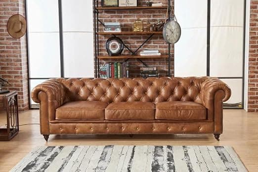 Classic Leatherette Chester Sofa Set Button Tufted, Classic Style Sofa Set 3-Person Sofa for Living Room, Office, and Hallway Colour (Brown Leatherette, 3 Seater Sofa)