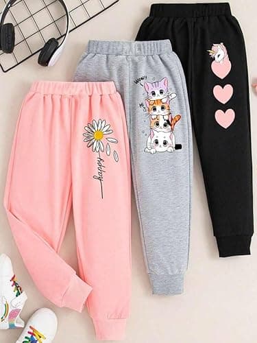 LILY & JADE Girls' Pure Cotton Printed Jogger Track Pants (Pack of 3) – Soft & Comfortable Kids Bottomwear (in, Age, 5 Years, 6 Years, Regular, Standard, Flower & Cat, Unicorn) 4