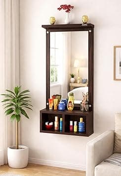 Wall-Mounted Dressing Table with Mirror and Storage Shelves,Dark Wenge, 37 x 81 cm
