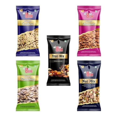8AM Dry Fruits Combo Pouch, Pack of 5, (Almond 40g, Cashew 40g, Pistachio 30g, Trail Mix 35g, Nut Mix 35g), Fiber & Protein Rich Healthy Mix Dry Fruits, Diwali Gift Pouch