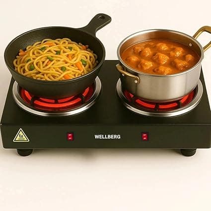 Wellberg Electric Double Burner Stove 2000W | Dual Heating Plate with Rocker Switch & Light Indicator | Compact & Portable Cooktop for Home Use