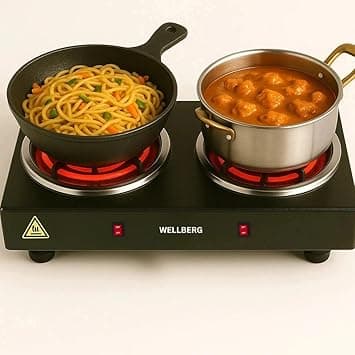 Wellberg Electric Double Burner Stove 2000W | Dual Heating Plate with Rocker Switch & Light Indicator | Compact & Portable Cooktop for Home Use