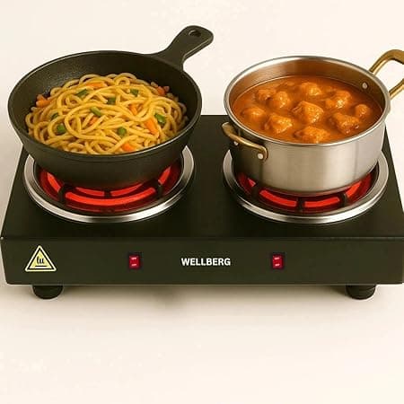 Wellberg Electric Double Burner Stove 2000W | Dual Heating Plate with Rocker Switch & Light Indicator | Compact & Portable Cooktop for Home Use