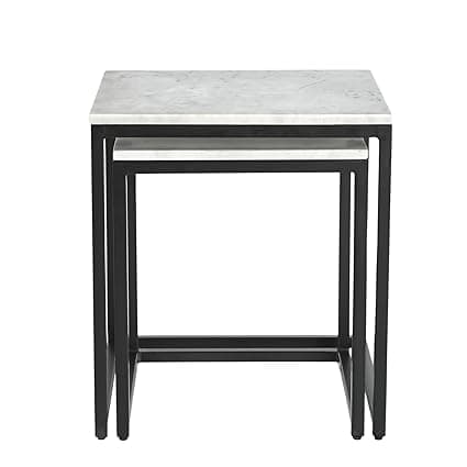 INTERNATIONAL FURNITURE & IRON Nest of 2 Table, Metal Black, Wonder White Marble, Big 45 X 45 X 50Cm, Small 38 X 38 X 45Cm