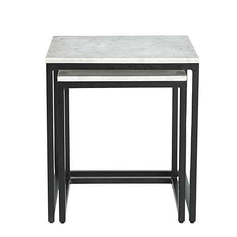 INTERNATIONAL FURNITURE & IRON Nest of 2 Table, Metal Black, Wonder White Marble, Big 45 X 45 X 50Cm, Small 38 X 38 X 45Cm