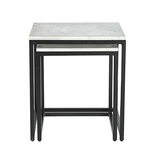 INTERNATIONAL FURNITURE & IRON Nest of 2 Table, Metal Black, Wonder White Marble, Big 45 X 45 X 50Cm, Small 38 X 38 X 45Cm