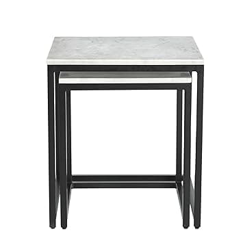 INTERNATIONAL FURNITURE & IRON Nest of 2 Table, Metal Black, Wonder White Marble, Big 45 X 45 X 50Cm, Small 38 X 38 X 45Cm