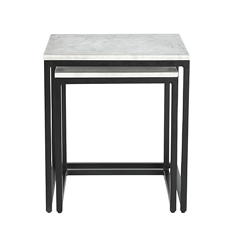 INTERNATIONAL FURNITURE & IRON Nest of 2 Table, Metal Black, Wonder White Marble, Big 45 X 45 X 50Cm, Small 38 X 38 X 45Cm