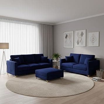 Hayes Rich Velvet Suede 3 Seater + 2 Seater Sofa Set with Ottoman | Golden Aesthetic Legs | 6 Person Seating Capacity | Spacious Soft Touch Comfort | Modern Living Room Sofa (Dark Blue)