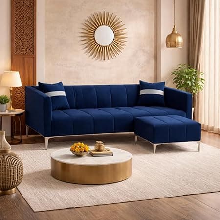 Solomon Luxe Velvet-Suede Fabric 3 Seater Sofa Set with Ottoman | Silver Aesthetic Legs | Comfortable Seating | Modern Sofa for Living Room – Dark Blue