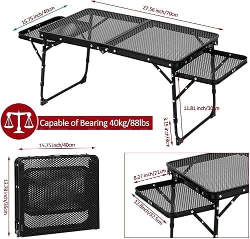 MUGATH Portable Folding Camping Table, Adjustable Height Aluminum BBQ Table with Mesh Grill & Dual Wing Panels, Lightweight Picnic Table for Outdoor Cooking, Beach & Garden 3