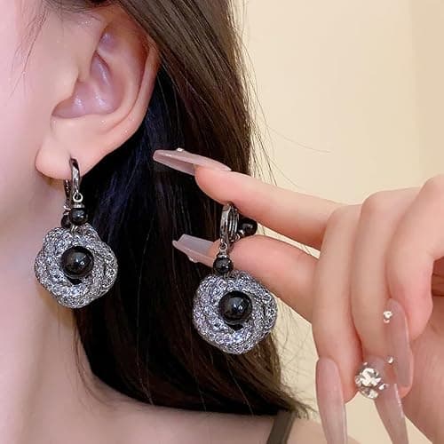 MIAMI Korean Style Black Bead Mesh Drop Earrings set for Women & Girls | Designer Statement hoops Bali | Stylish Ear Rings Jewellery for woman Accessory | Valentine Gift for Girlfriend couple -253 2