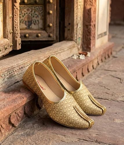 AJANTA Men’s Gold Ethnic Mojaris | Pointed Toe Slip-On Traditional Footwear for Men | Textured Synthetic Upper with Comfort Insole & Rubber Sole, Sandal for Men (Size-7) 3