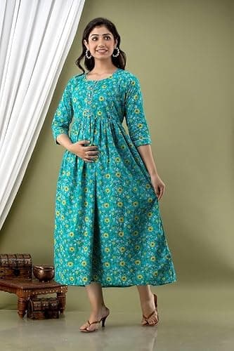 MAHALA FASHION Women's Cotton Printed Maternity Kurti for Feeding Zippers Pregnancy Wear Nursing Dress (Sky Blue, Small) 5