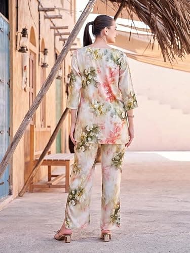 TITTLI Rayon Fabric All Over Printed Round Neck Tunic & Trouser Co-Ord Set for Women | Three-Quarter Sleeves & Elastic Waist Bottom | Casual Wear | L, XL, XXL, 3XL | Co-Ord Set Yellow 3